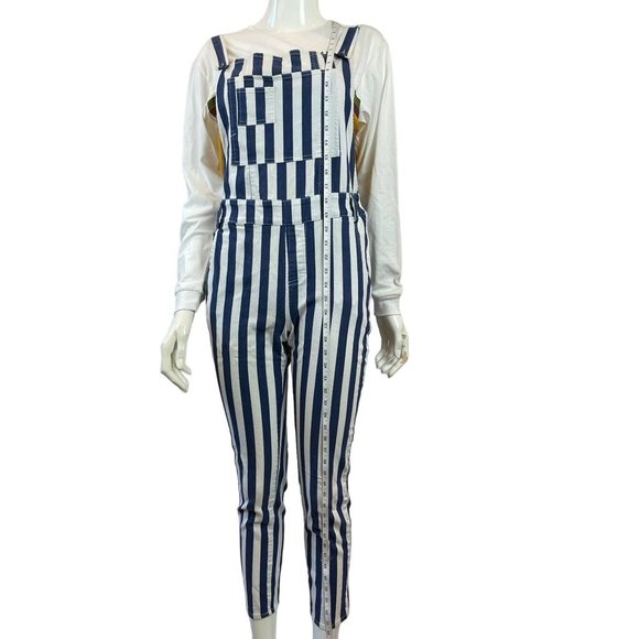 Akira Chicago Womens Striped Jumpsuit Stretch Pockets White Blue Size Large - Picture 2 of 11
